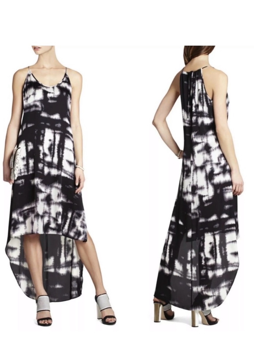 BCBGMaxAzria Black & White Tie-Dye High-Low Maxi Dress